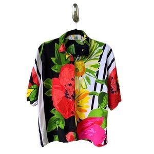 90s Vintage Striped Floral Boxy Button Down Top Large Eclectic Artsy Quirky